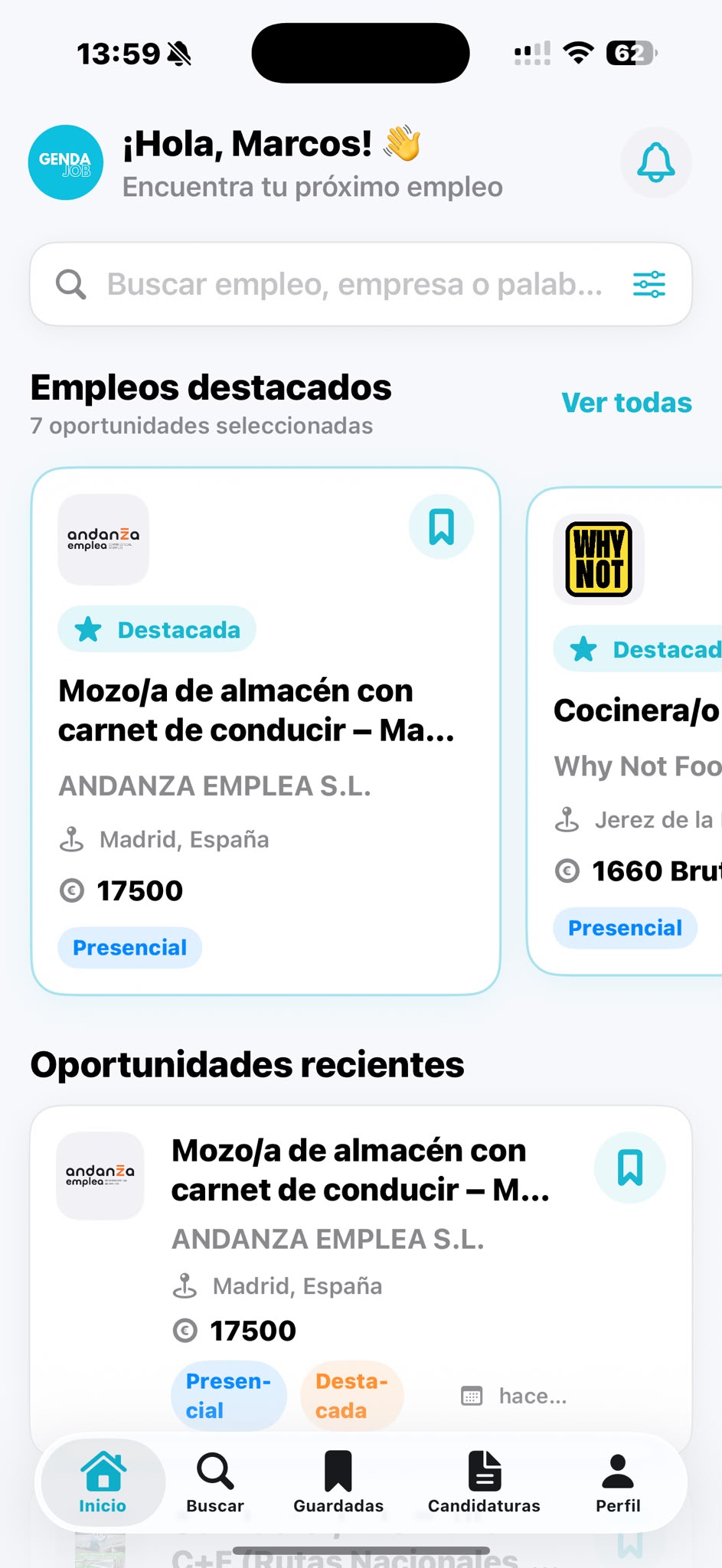 Pantalla de la aplicación móvil de empleo Genda